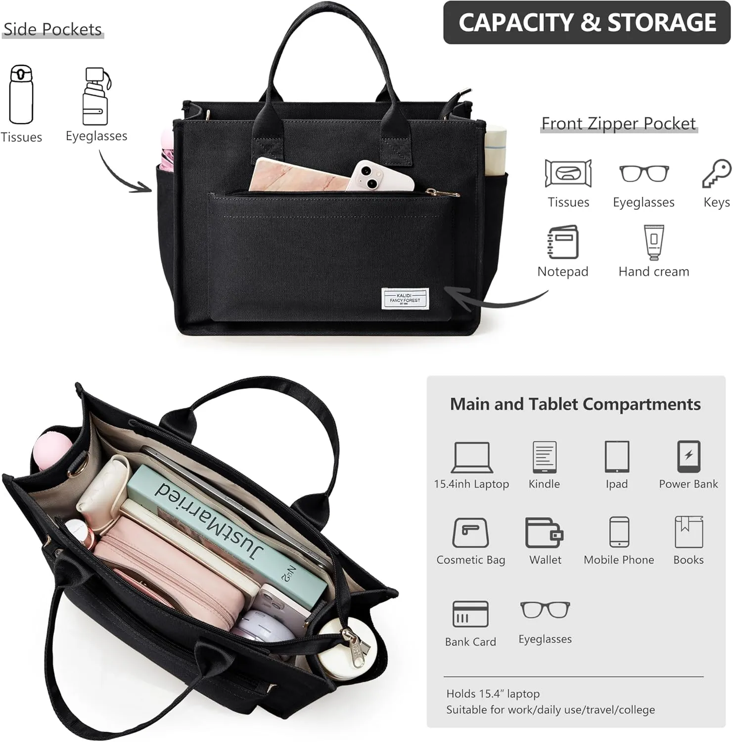 Canvas Tote Bag for Women Shoulder & Crossbody Handbag with Multi Pockets Zipper Ideal for Work Office Travel & Daily Use