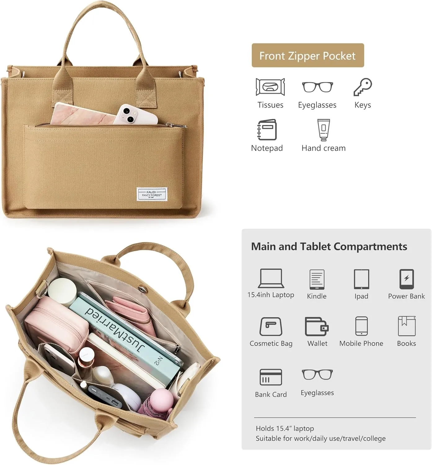 Canvas Tote Bag for Women Shoulder & Crossbody Handbag with Multi Pockets Zipper Ideal for Work Office Travel & Daily Use