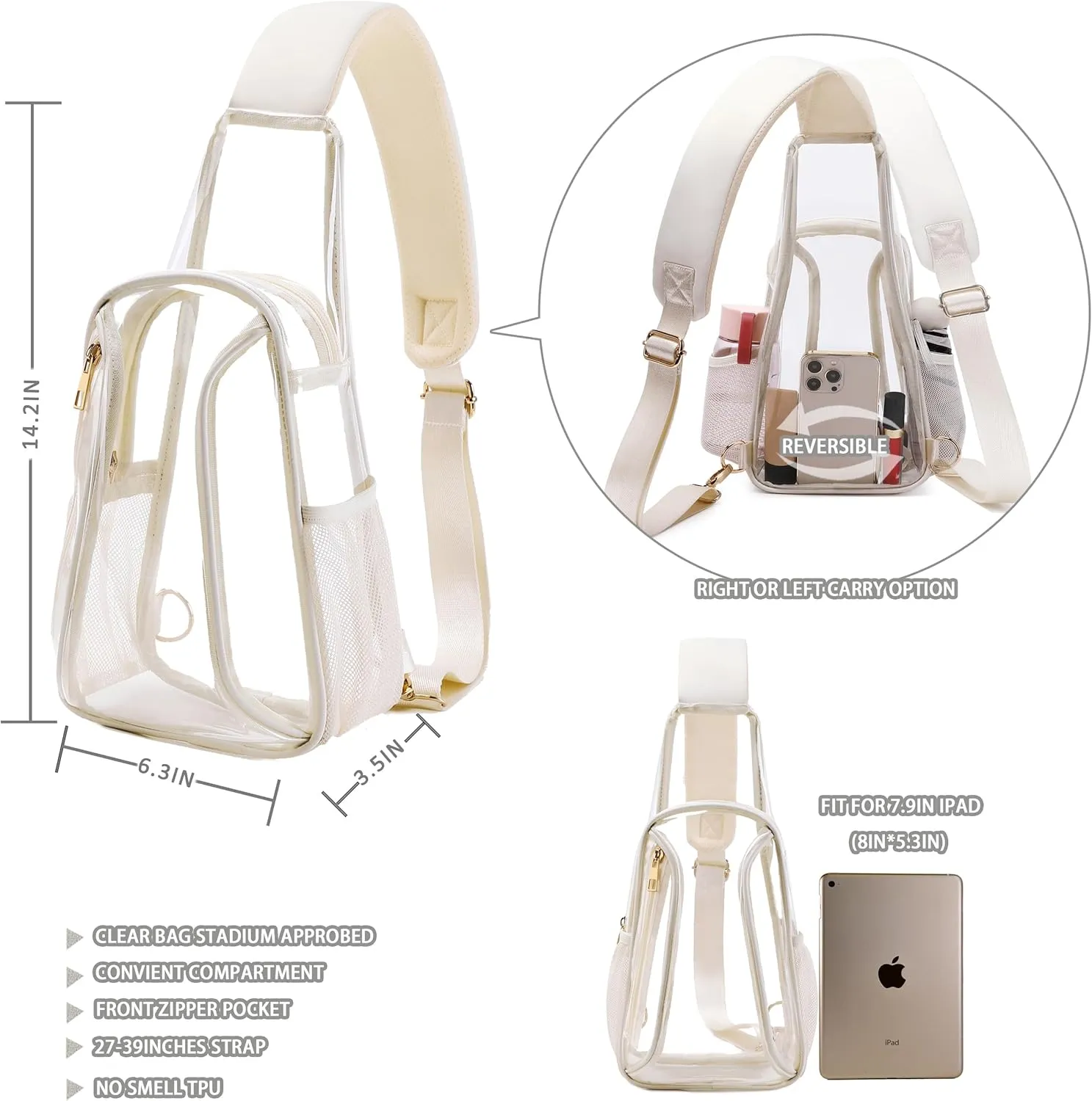 Caoroky knight clear bag for stadium events approved crossbody bags transparent TPU sling shoulder purse casual chest pack heavy duty clear backpack for men women-Off White