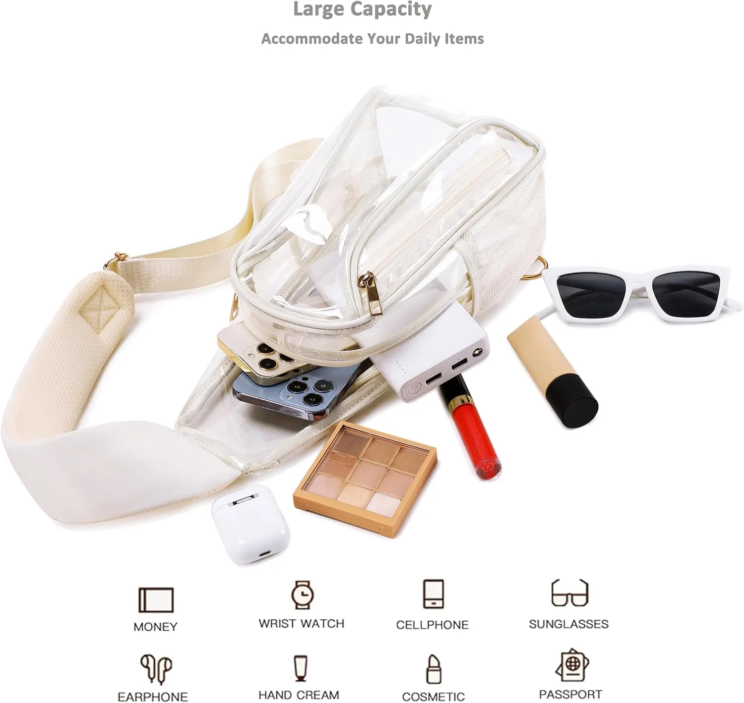 Caoroky knight clear bag for stadium events approved crossbody bags transparent TPU sling shoulder purse casual chest pack heavy duty clear backpack for men women-Off White