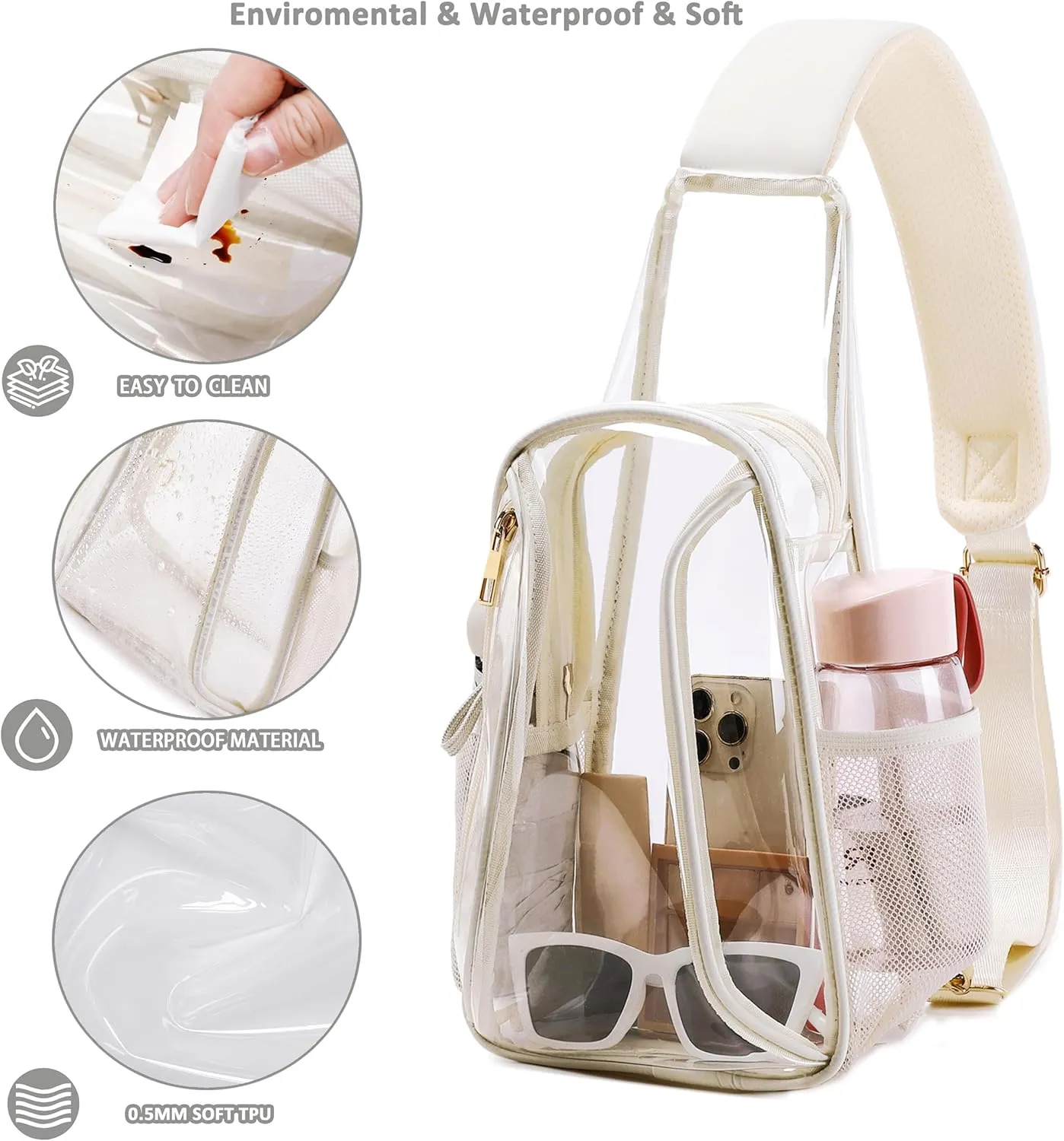 Caoroky knight clear bag for stadium events approved crossbody bags transparent TPU sling shoulder purse casual chest pack heavy duty clear backpack for men women-Off White