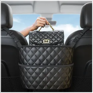 Car Purse Holder Between Seats - Large Capacity Leather Car Net Pocket Handbag Holder - Universal Car Storage Pocket for Phone,Key,Purse,Bottle,Umbrella