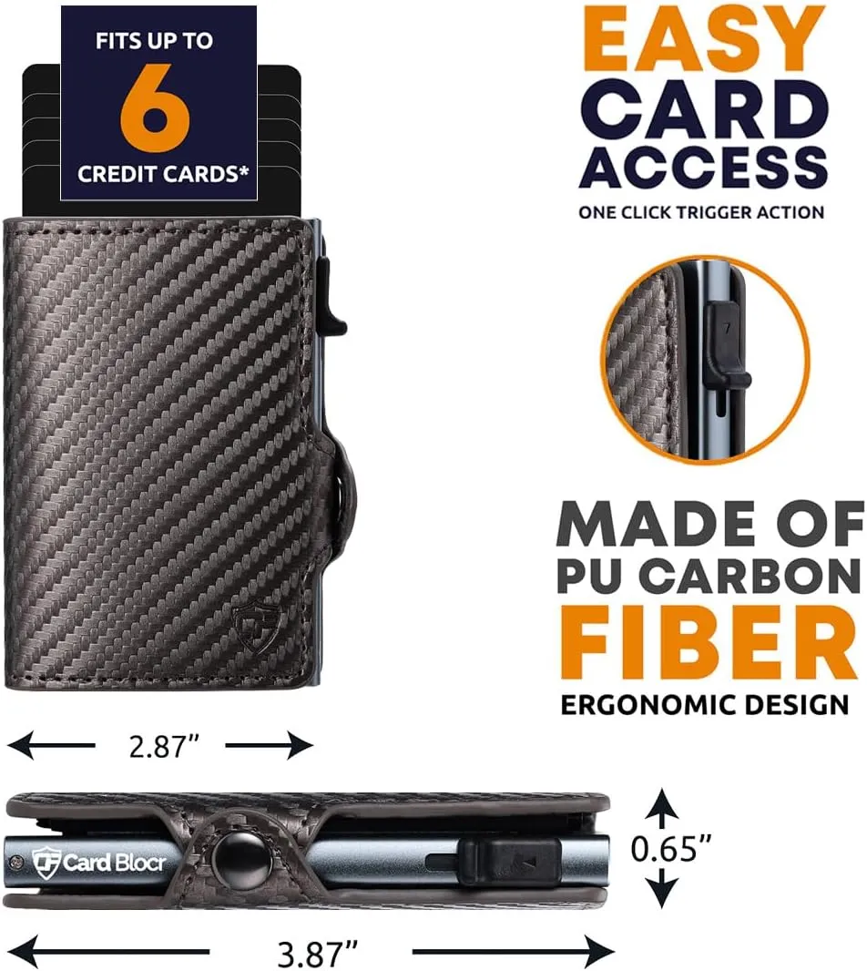 Card Blocr Pop Up Credit Card Wallet, RFID Blocking Credit Card Holder for men, Compact Card Holder Wallet for Secure Storage (Carbon Fiber Style Black & Titanium)
