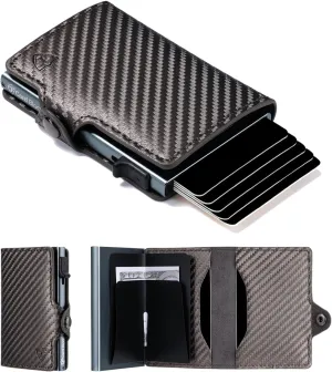 Card Blocr Pop Up Credit Card Wallet, RFID Blocking Credit Card Holder for men, Compact Card Holder Wallet for Secure Storage (Carbon Fiber Style Black & Titanium)