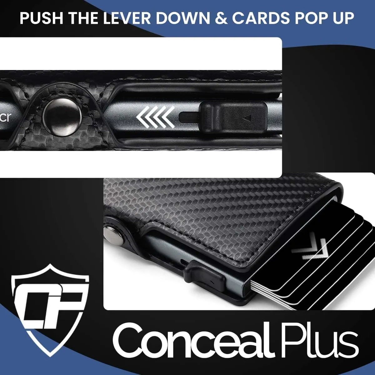 Card Blocr Pop Up Credit Card Wallet, RFID Blocking Credit Card Holder for men, Compact Card Holder Wallet for Secure Storage (Carbon Fiber Style Black & Titanium)