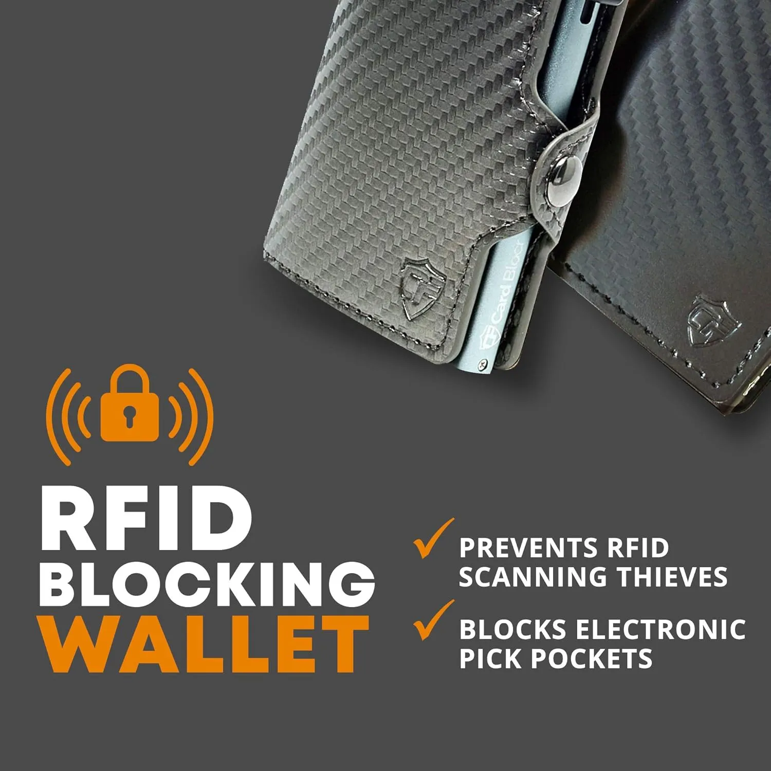 Card Blocr Pop Up Credit Card Wallet, RFID Blocking Credit Card Holder for men, Compact Card Holder Wallet for Secure Storage (Carbon Fiber Style Black & Titanium)