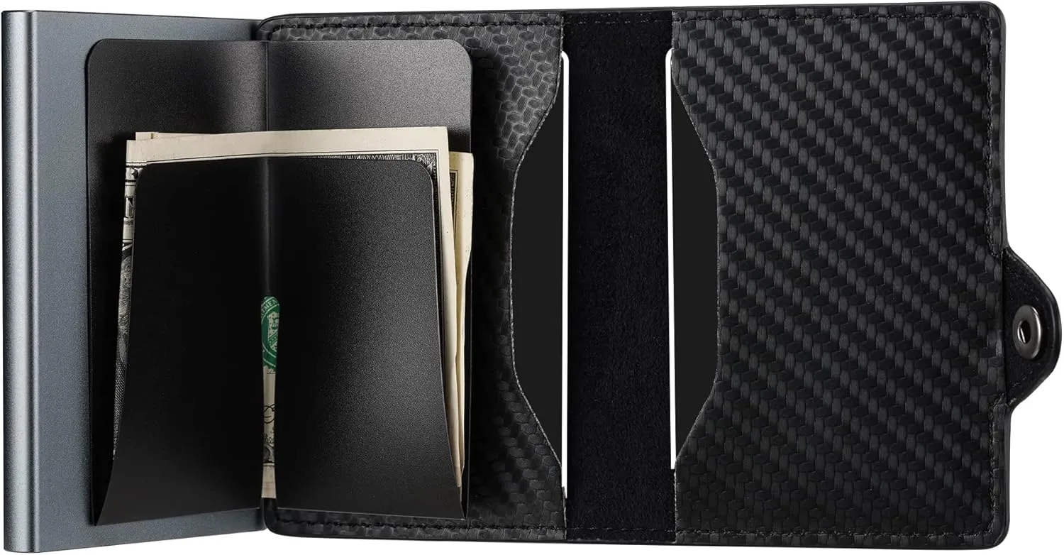 Card Blocr Pop Up Credit Card Wallet, RFID Blocking Credit Card Holder for men, Compact Card Holder Wallet for Secure Storage (Carbon Fiber Style Black & Titanium)