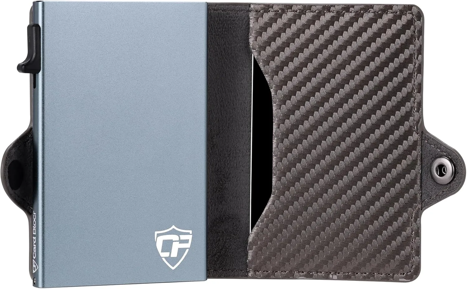 Card Blocr Pop Up Credit Card Wallet, RFID Blocking Credit Card Holder for men, Compact Card Holder Wallet for Secure Storage (Carbon Fiber Style Black & Titanium)