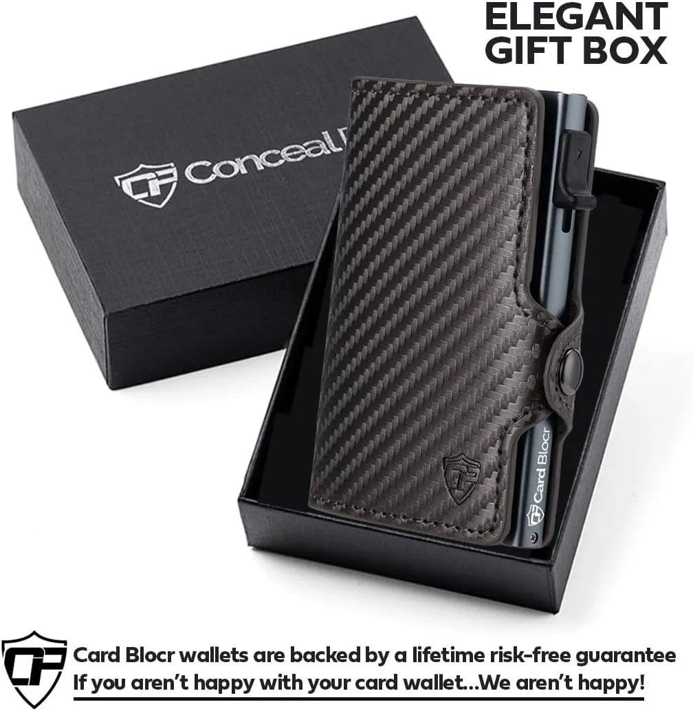 Card Blocr Pop Up Credit Card Wallet, RFID Blocking Credit Card Holder for men, Compact Card Holder Wallet for Secure Storage (Carbon Fiber Style Black & Titanium)