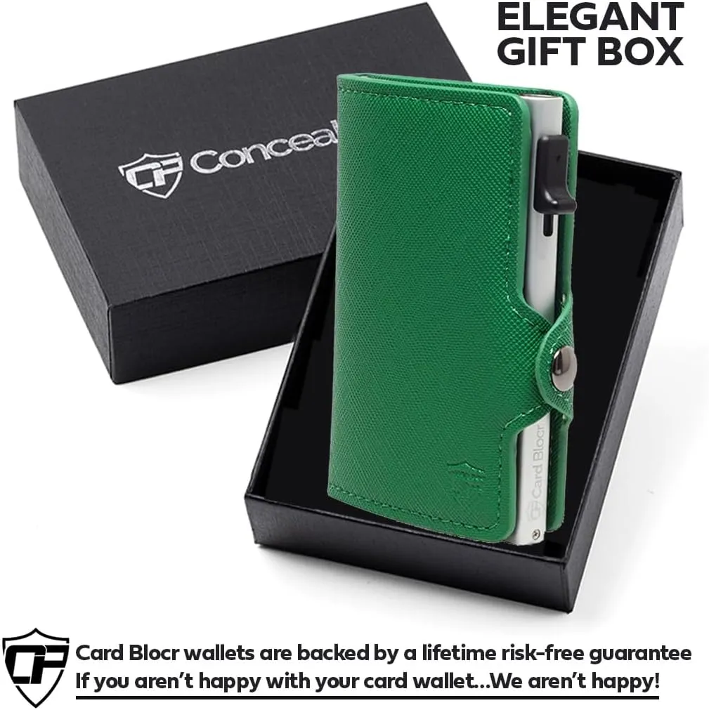 Card Blocr Womens Slim Wallet for Small Purses, Pop Up Wallet with Anti Theft RFID Blocking Credit Card Holder for Women in Green PU Saffiano Leather