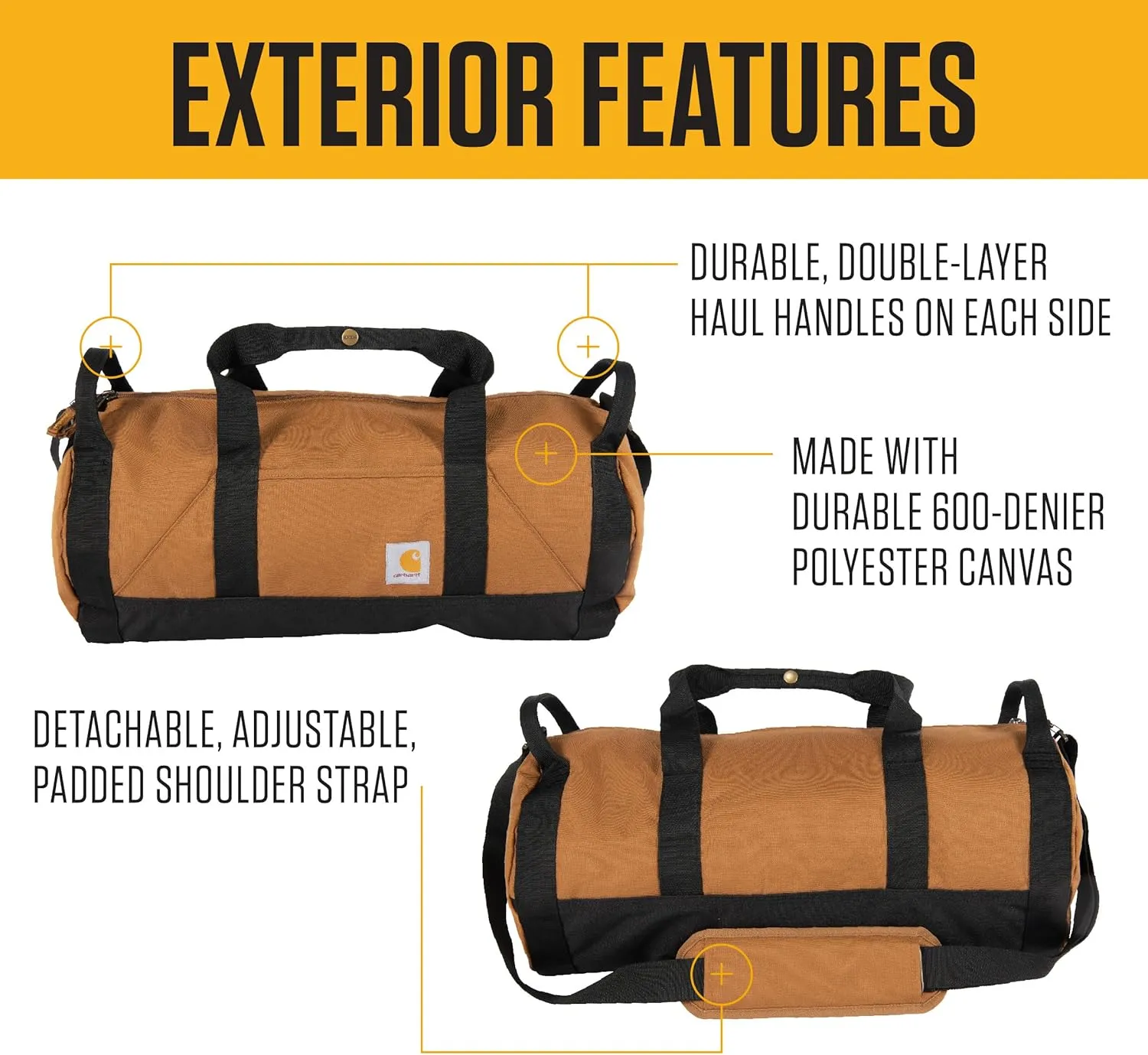 Carhartt Classic Round Duffel with Utility Pouch, Heavy-Duty, Water-Resistant Packable Gear Bag for Jobsite, Gym, and Travel