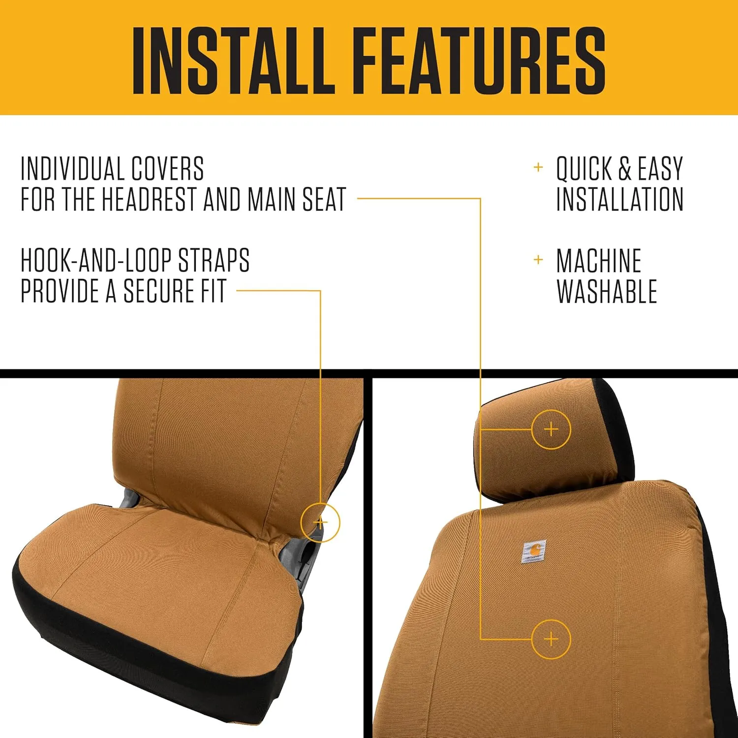 Carhartt Universal Nylon Duck Canvas Fitted Bucket Seat Covers, Durable Seat Protection with Rain Defender, Black and Carhartt Brown