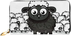 Cartoon Black White Sheep Leather Wallets For Women Waterproof Zip Around Clutch Purses Large Credit Card Holder With Phone Holder Ladies Travel Coin Purse