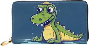 Cartoon Crocodile Leather Wallets For Women Waterproof Zip Around Clutch Purses Large Credit Card Holder With Phone Holder Ladies Travel Coin Purse