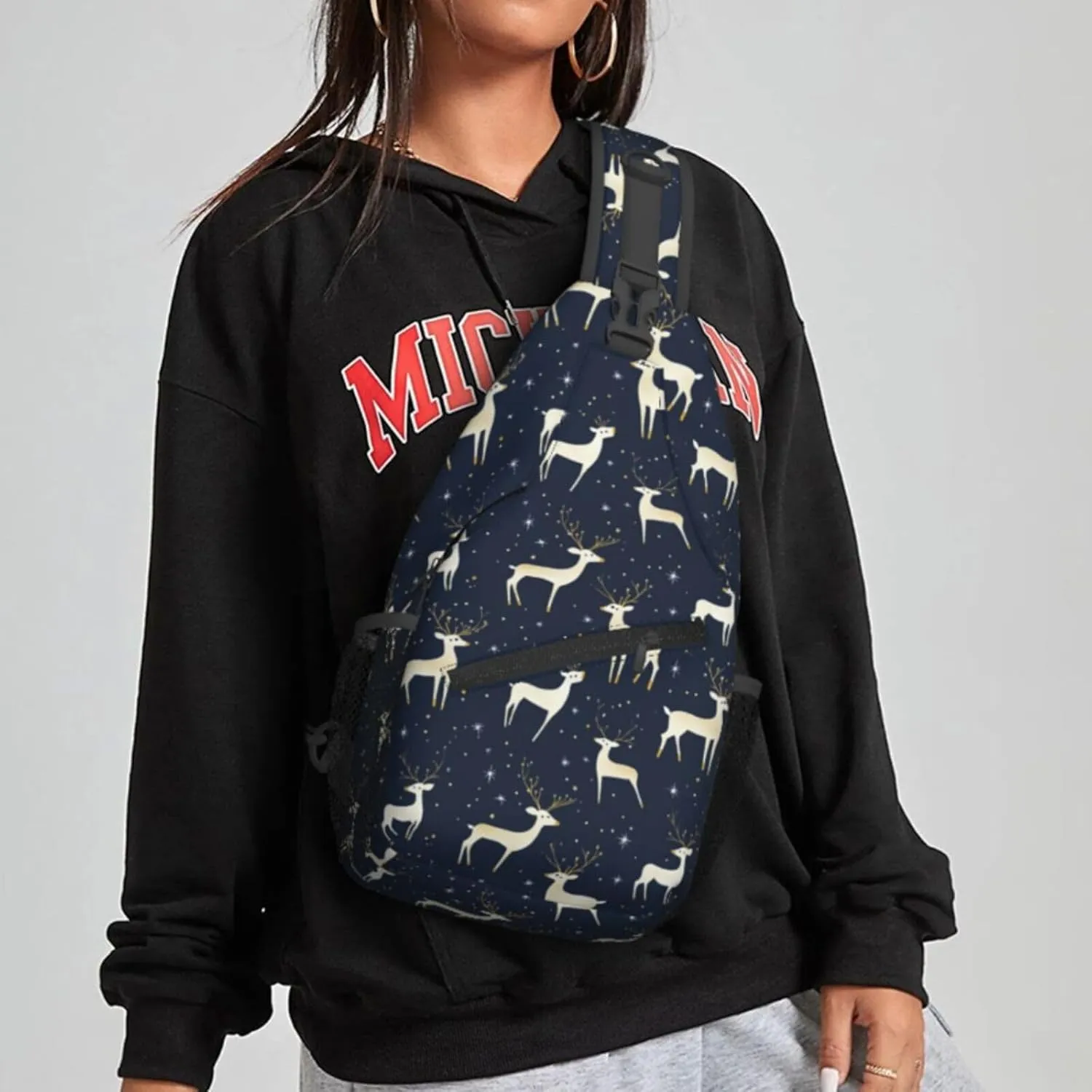 Cartoon Deer Deep Blue Sling Bag For Women Crossbody Shoulder Bag Casual Daypack Backpacks Men Chest Bag Gym Cycling Travel Hiking