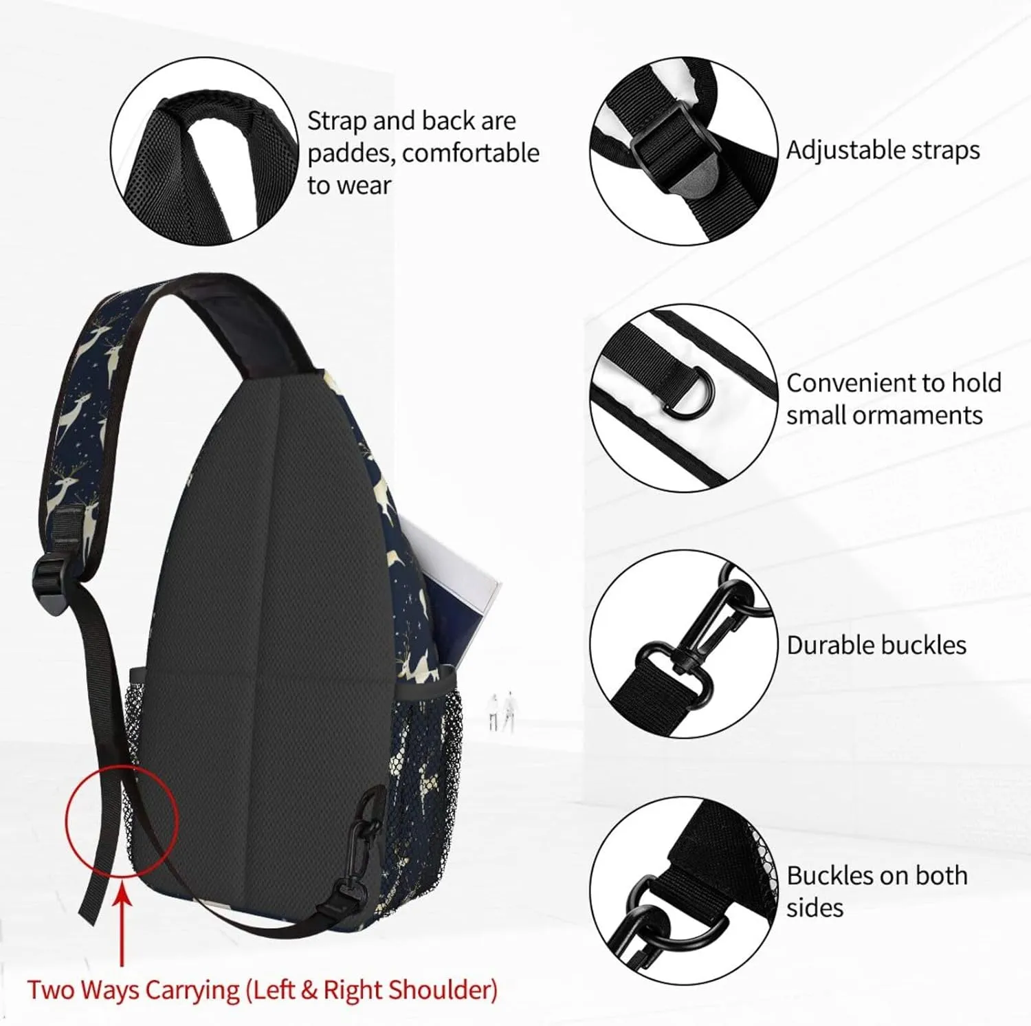 Cartoon Deer Deep Blue Sling Bag For Women Crossbody Shoulder Bag Casual Daypack Backpacks Men Chest Bag Gym Cycling Travel Hiking