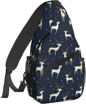 Cartoon Deer Deep Blue Sling Bag For Women Crossbody Shoulder Bag Casual Daypack Backpacks Men Chest Bag Gym Cycling Travel Hiking