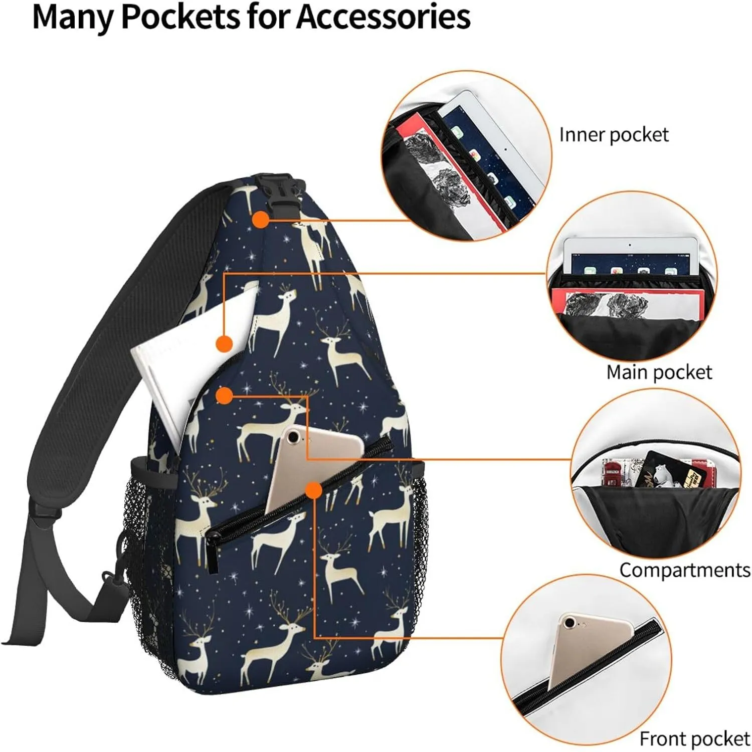 Cartoon Deer Deep Blue Sling Bag For Women Crossbody Shoulder Bag Casual Daypack Backpacks Men Chest Bag Gym Cycling Travel Hiking