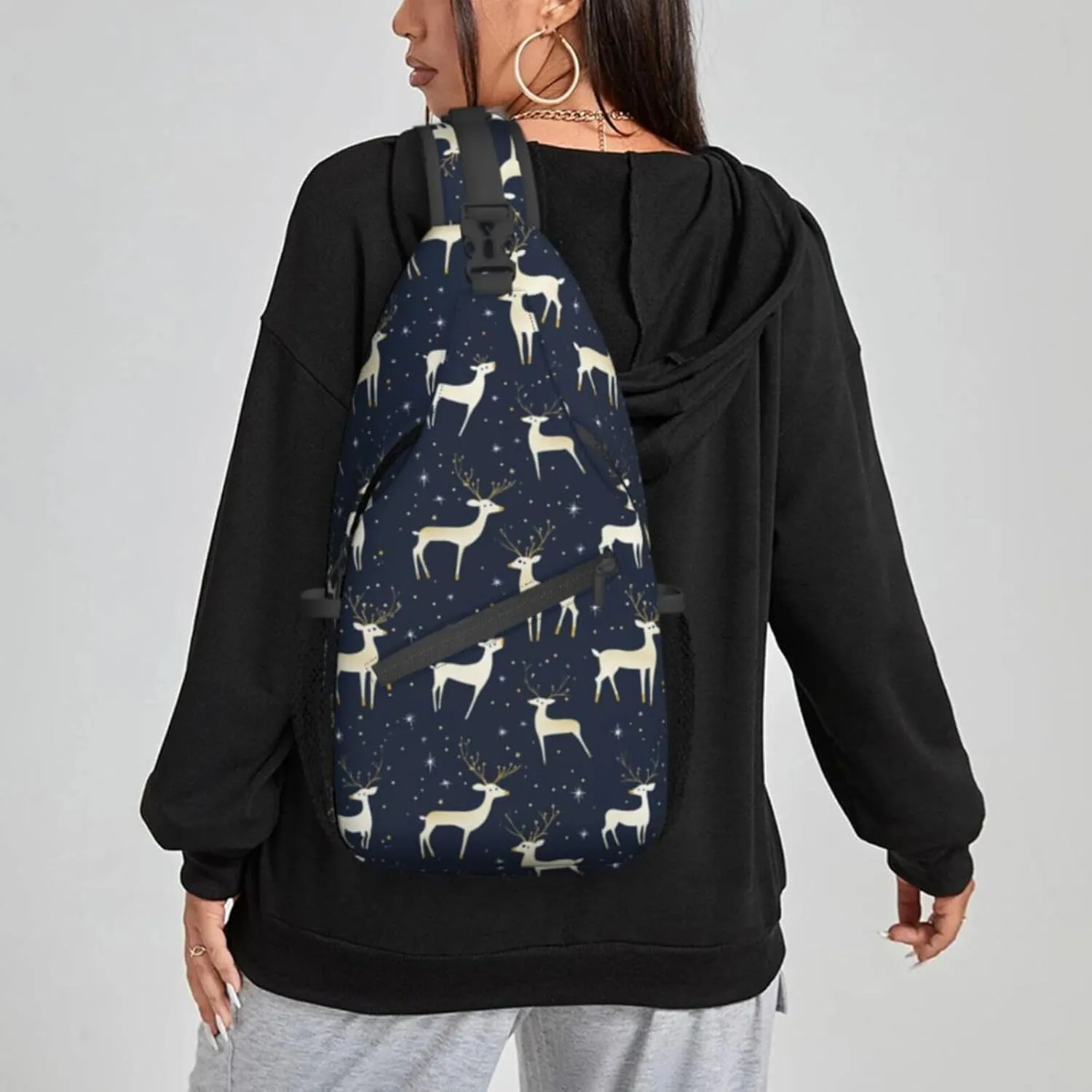 Cartoon Deer Deep Blue Sling Bag For Women Crossbody Shoulder Bag Casual Daypack Backpacks Men Chest Bag Gym Cycling Travel Hiking