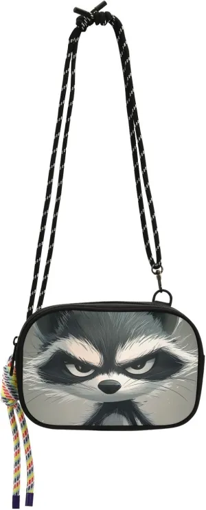 Cartoon Funny Raccoon Anger Small Black Crossbody Purse for Womens Fashion with Credit Card Slots Black Handbag Walk dog
