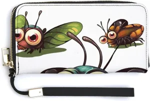 Cartoon Insect Wallet Leather Zipper Around Clutch Wallet Large Capacity Purse with Wristlet Strap