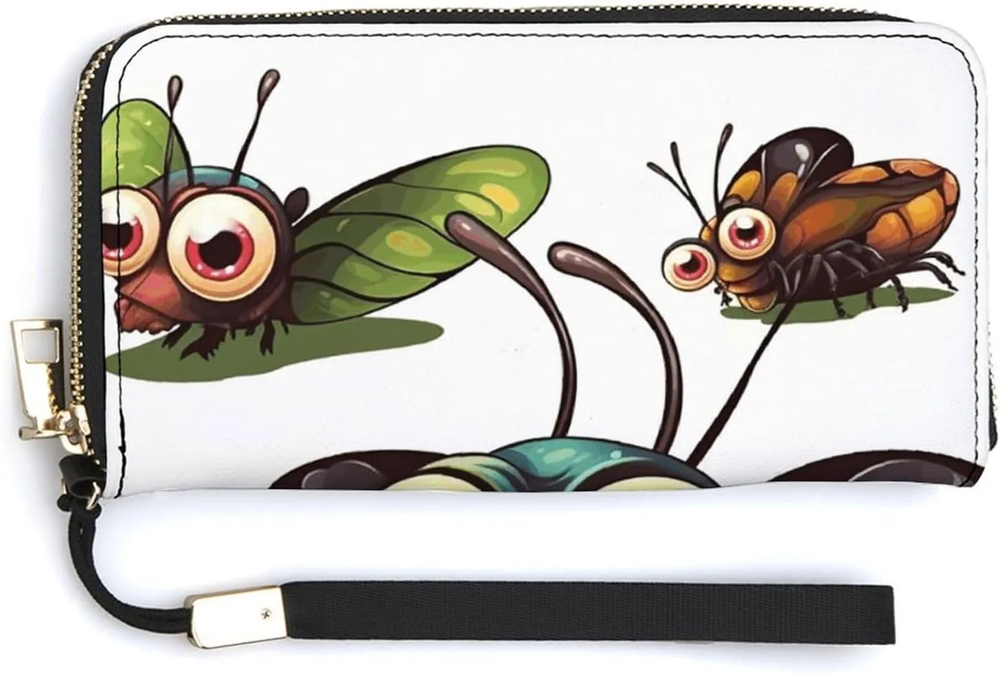 Cartoon Insect Wallet Leather Zipper Around Clutch Wallet Large Capacity Purse with Wristlet Strap