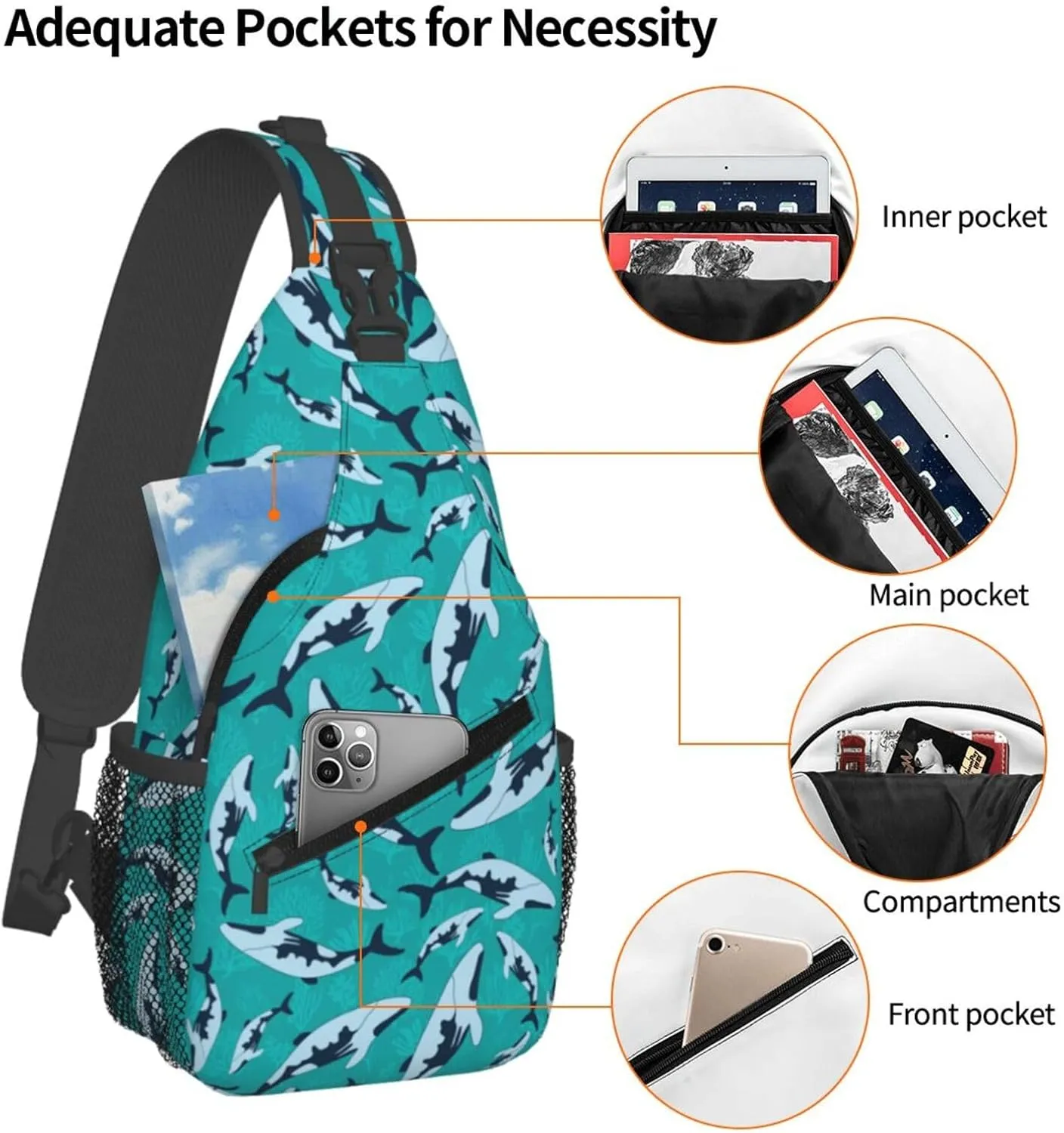 Cartoon Marine Mammals Funny Sharks Chest Sling Bag Crossbody Shoulder Backpack Bag Gym Cycling Daypack Travel Hiking Cross Bag
