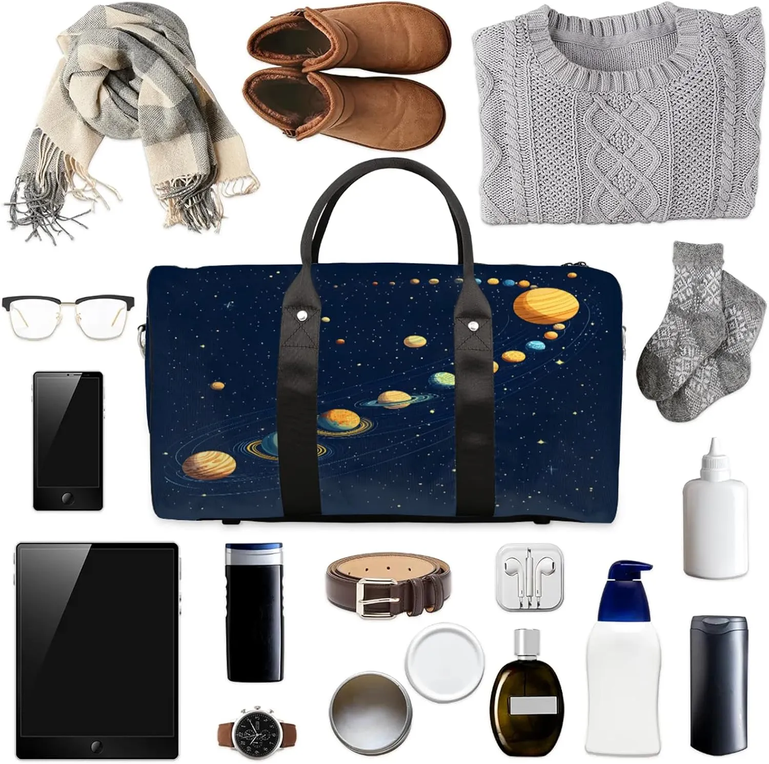 Cartoon Planet Duffle Bag for Travel, Overnight Weekend Gym Carry On Luggage Bag, Galaxy Space Travel Duffel Bag for Men Women