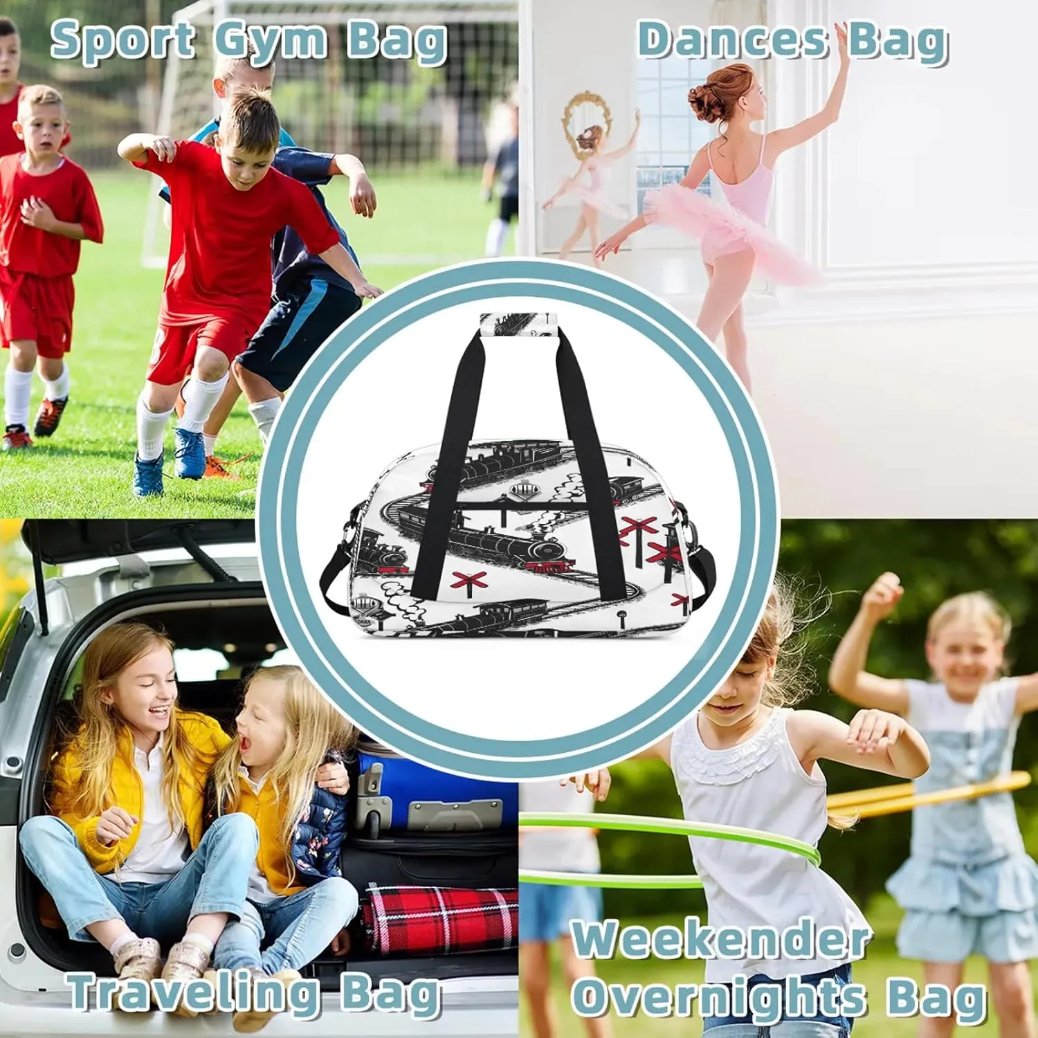 Cartoon Train Small Gym Bag 18 inch Carry On Duffel Bag for Weekender Travel Sports Workout Yoga Gymnastics Dance Ballet