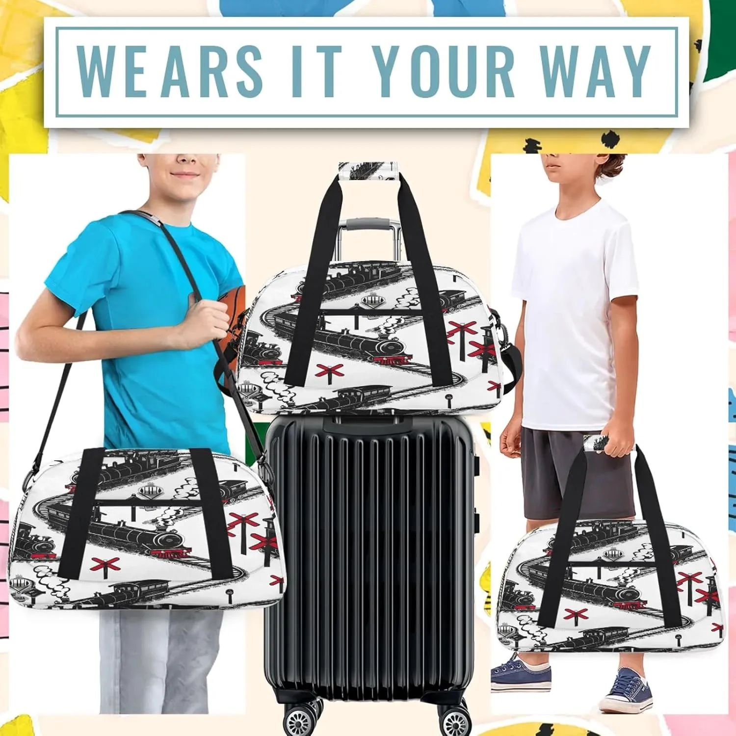 Cartoon Train Small Gym Bag 18 inch Carry On Duffel Bag for Weekender Travel Sports Workout Yoga Gymnastics Dance Ballet