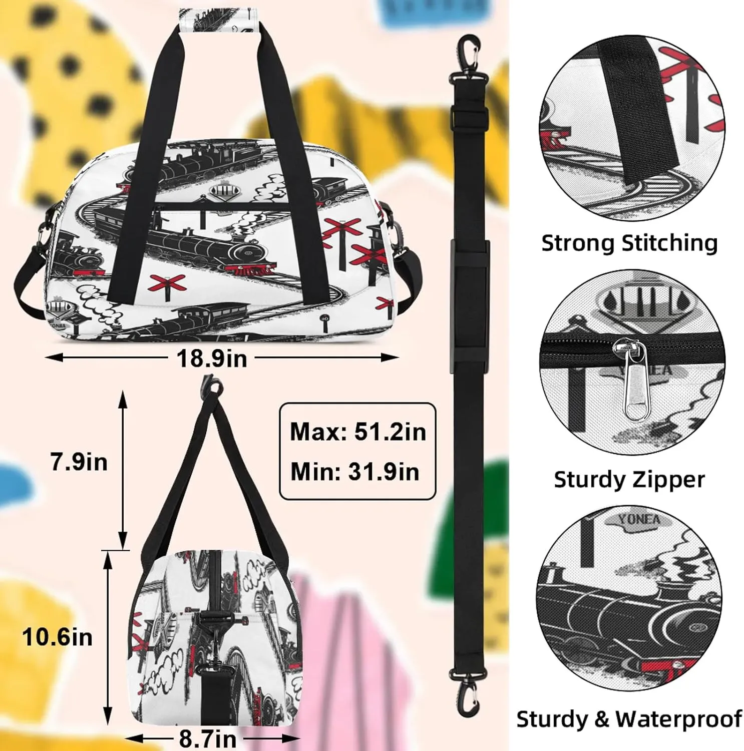 Cartoon Train Small Gym Bag 18 inch Carry On Duffel Bag for Weekender Travel Sports Workout Yoga Gymnastics Dance Ballet