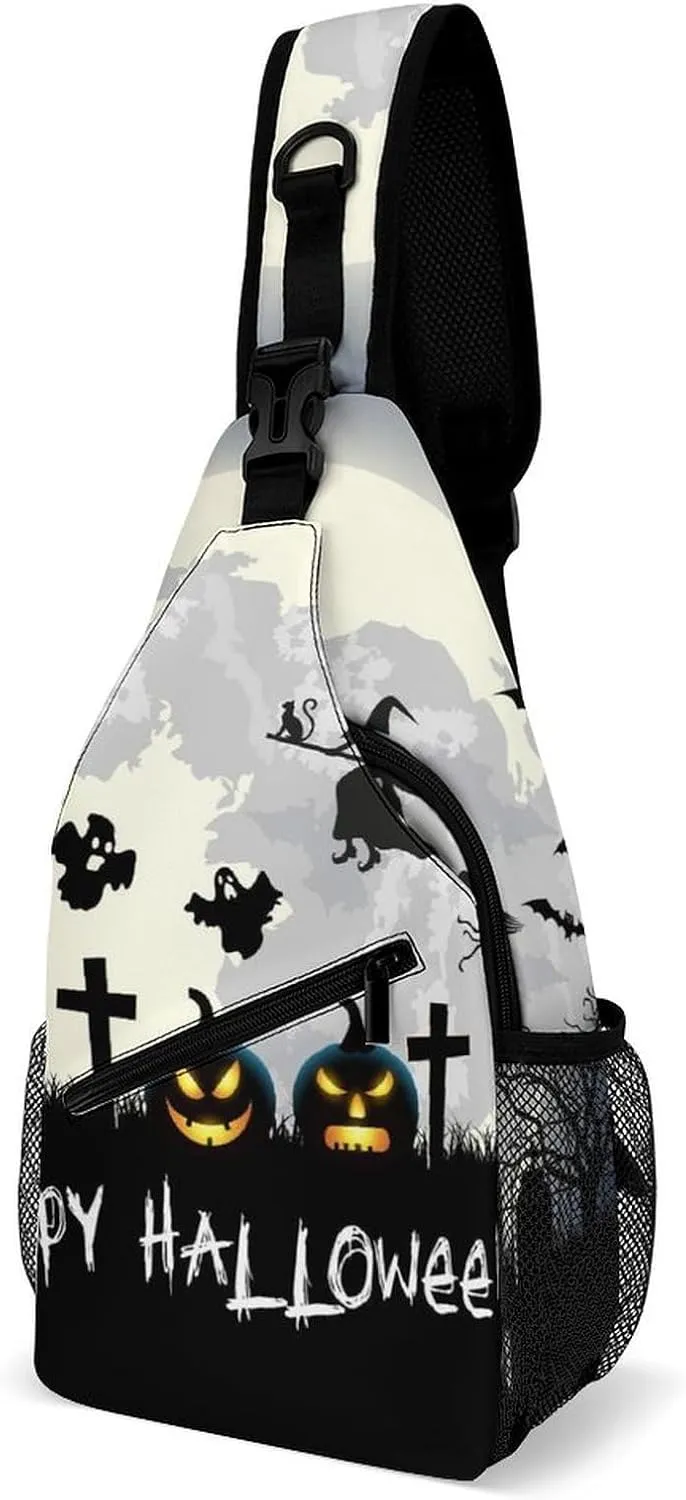 Casual Sling Backpack Halloweens-tombs-bats-print Chest Bags Crossbody Sling Bag Travel Hiking Daypack Shoulder Bag for Women Men