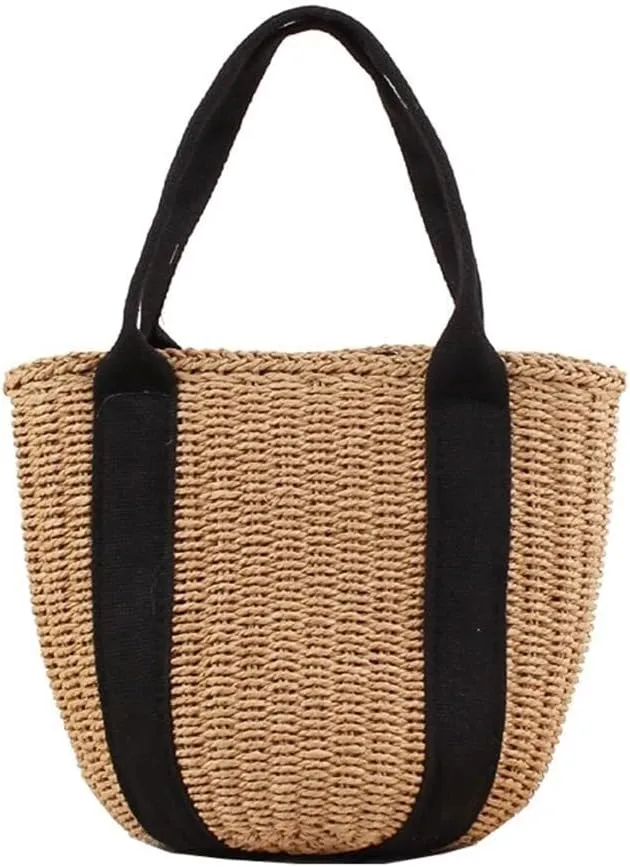 Casual Straw Bag Natural Tote Women Handbag Braided Garden Bag Rattan Handwoven Bucket Hand Worn Straw Bags, One Color, One Size