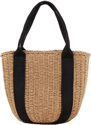 Casual Straw Bag Natural Tote Women Handbag Braided Garden Bag Rattan Handwoven Bucket Hand Worn Straw Bags, One Color, One Size