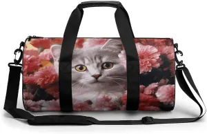 Cat in Flowers Gym Bag Small Travel Duffle Bag with Compartment Carry On Weekender Bag for Women Men