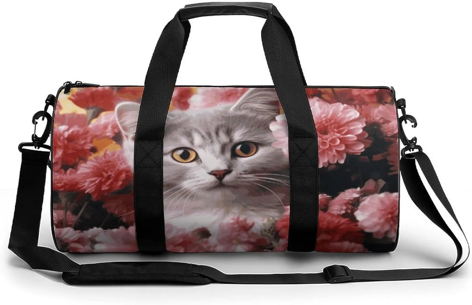 Cat in Flowers Gym Bag Small Travel Duffle Bag with Compartment Carry On Weekender Bag for Women Men