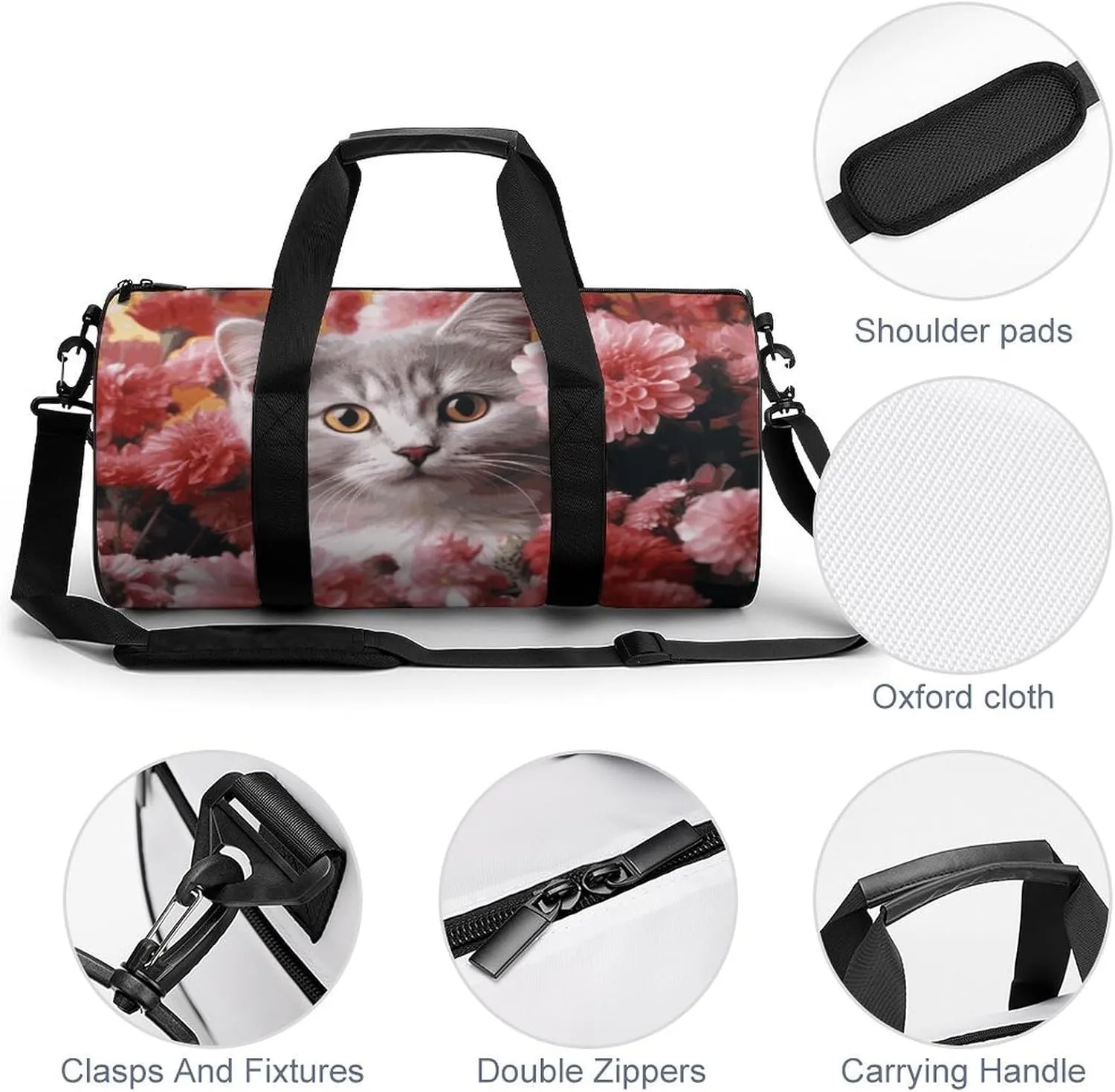Cat in Flowers Gym Bag Small Travel Duffle Bag with Compartment Carry On Weekender Bag for Women Men