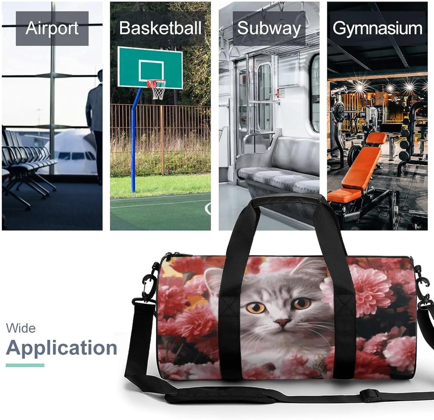 Cat in Flowers Gym Bag Small Travel Duffle Bag with Compartment Carry On Weekender Bag for Women Men