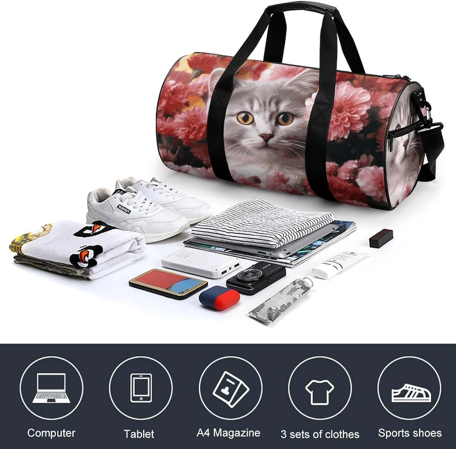 Cat in Flowers Gym Bag Small Travel Duffle Bag with Compartment Carry On Weekender Bag for Women Men