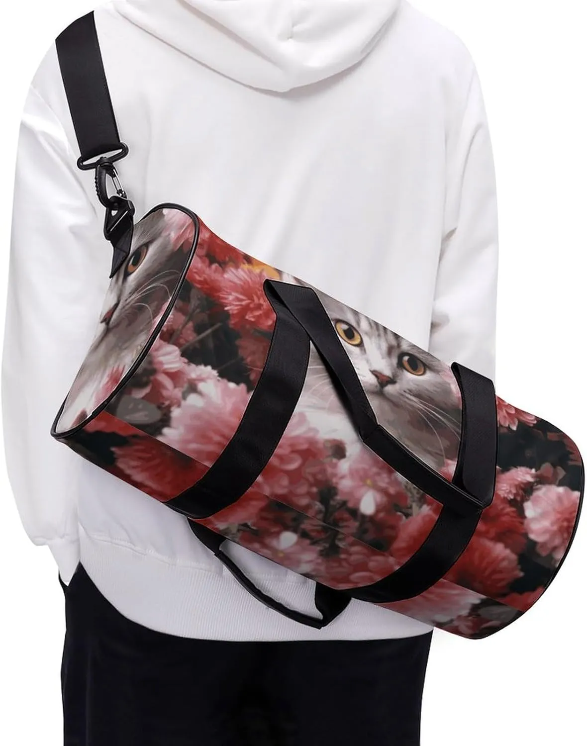 Cat in Flowers Gym Bag Small Travel Duffle Bag with Compartment Carry On Weekender Bag for Women Men