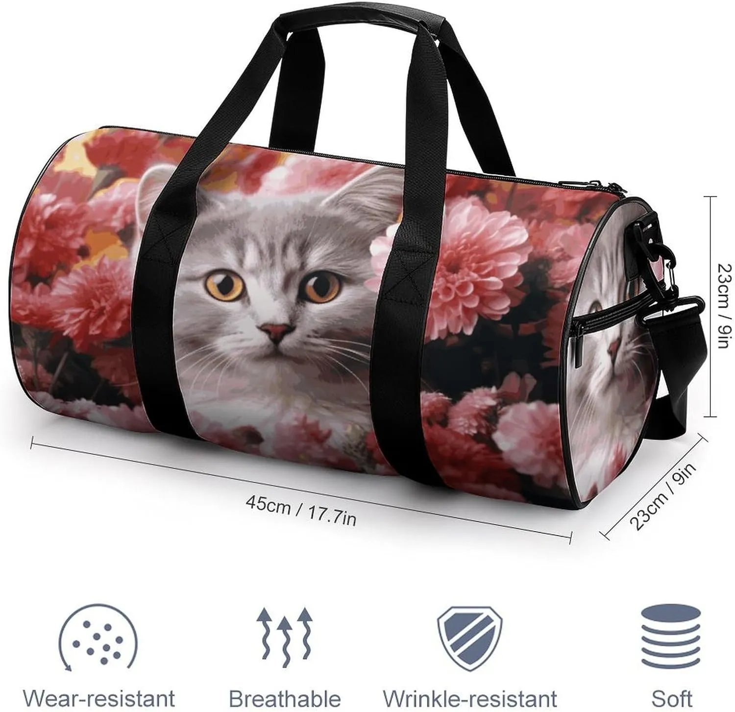 Cat in Flowers Gym Bag Small Travel Duffle Bag with Compartment Carry On Weekender Bag for Women Men