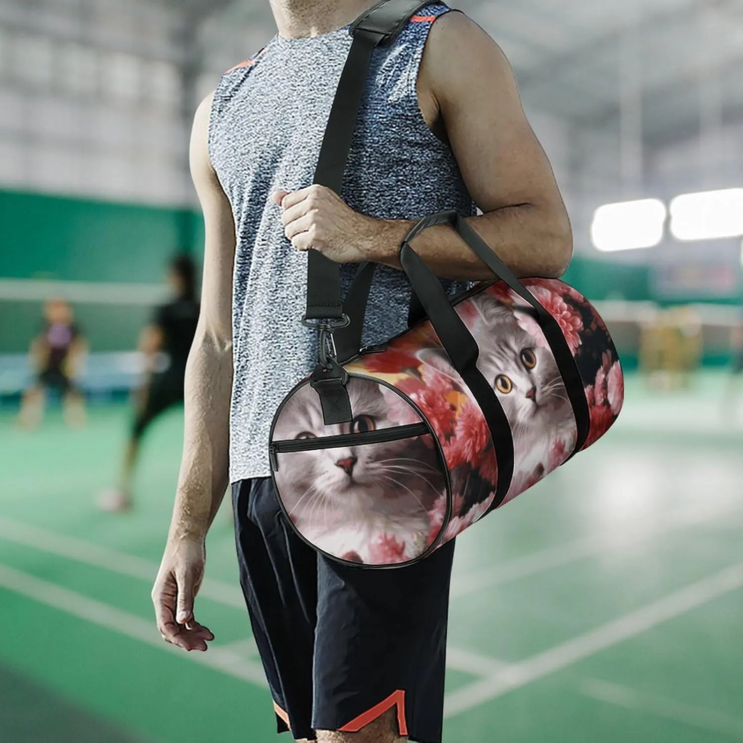 Cat in Flowers Gym Bag Small Travel Duffle Bag with Compartment Carry On Weekender Bag for Women Men
