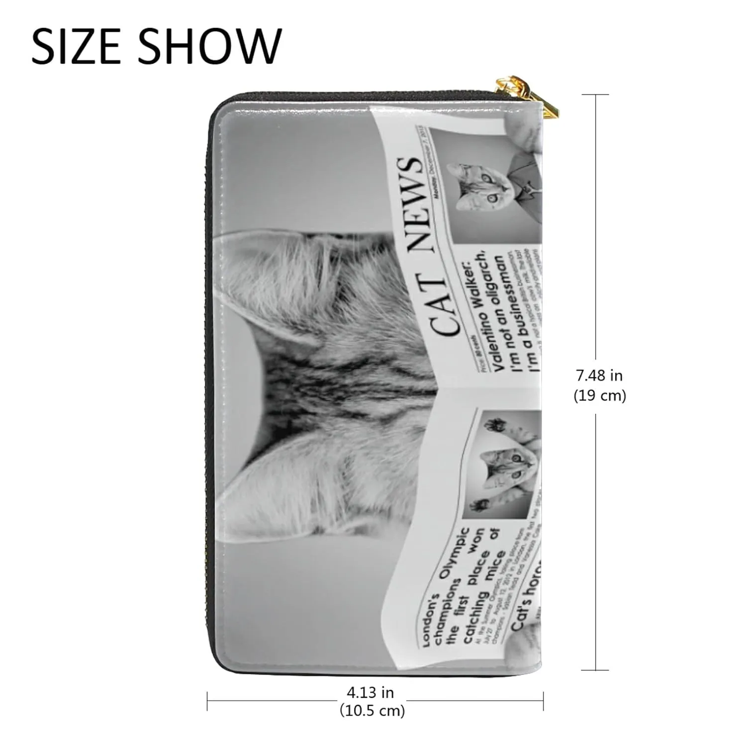 Cat Reading Behind a Newspaper Black White Retro Style Women Leather Zipper Long Wallet, Coin Clutch Pouch Pocket Key CardLarge Capacity Organizer Slim Cover Case Change Purse Holder