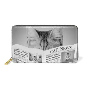 Cat Reading Behind a Newspaper Black White Retro Style Women Leather Zipper Long Wallet, Coin Clutch Pouch Pocket Key CardLarge Capacity Organizer Slim Cover Case Change Purse Holder