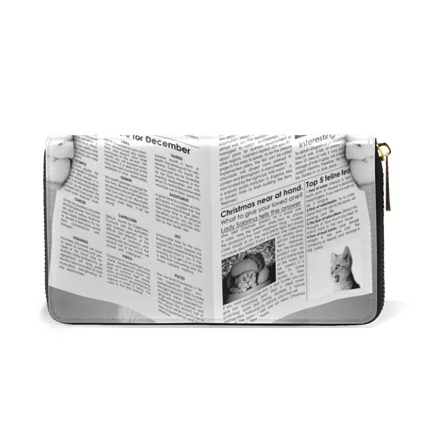 Cat Reading Behind a Newspaper Black White Retro Style Women Leather Zipper Long Wallet, Coin Clutch Pouch Pocket Key CardLarge Capacity Organizer Slim Cover Case Change Purse Holder