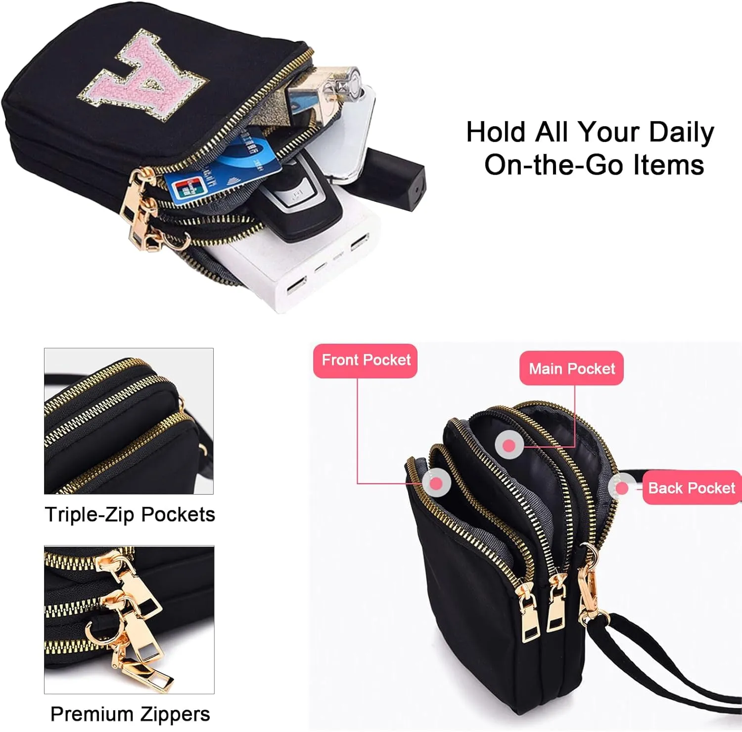 Cell Phone Purses with Crossbody Strap Letter Style, Nylon Small Crossbody Bags for Women Shoulder Bag-Black