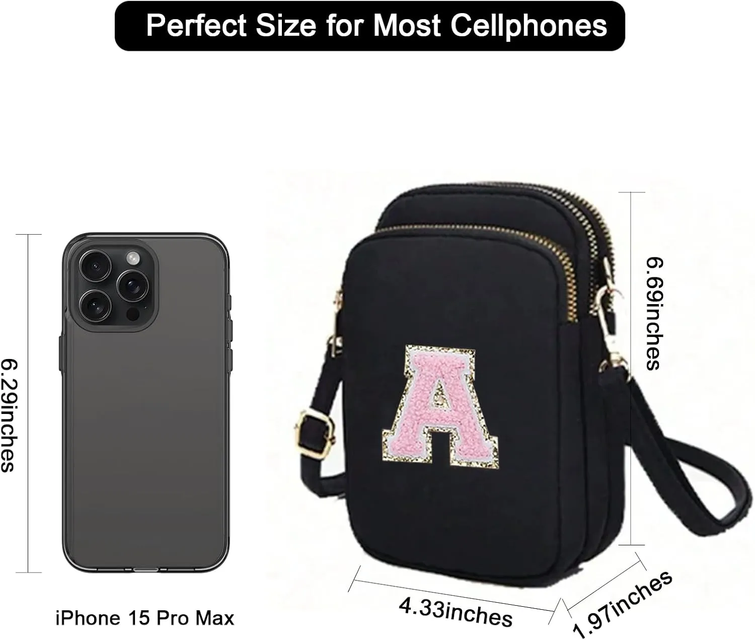 Cell Phone Purses with Crossbody Strap Letter Style, Nylon Small Crossbody Bags for Women Shoulder Bag-Black