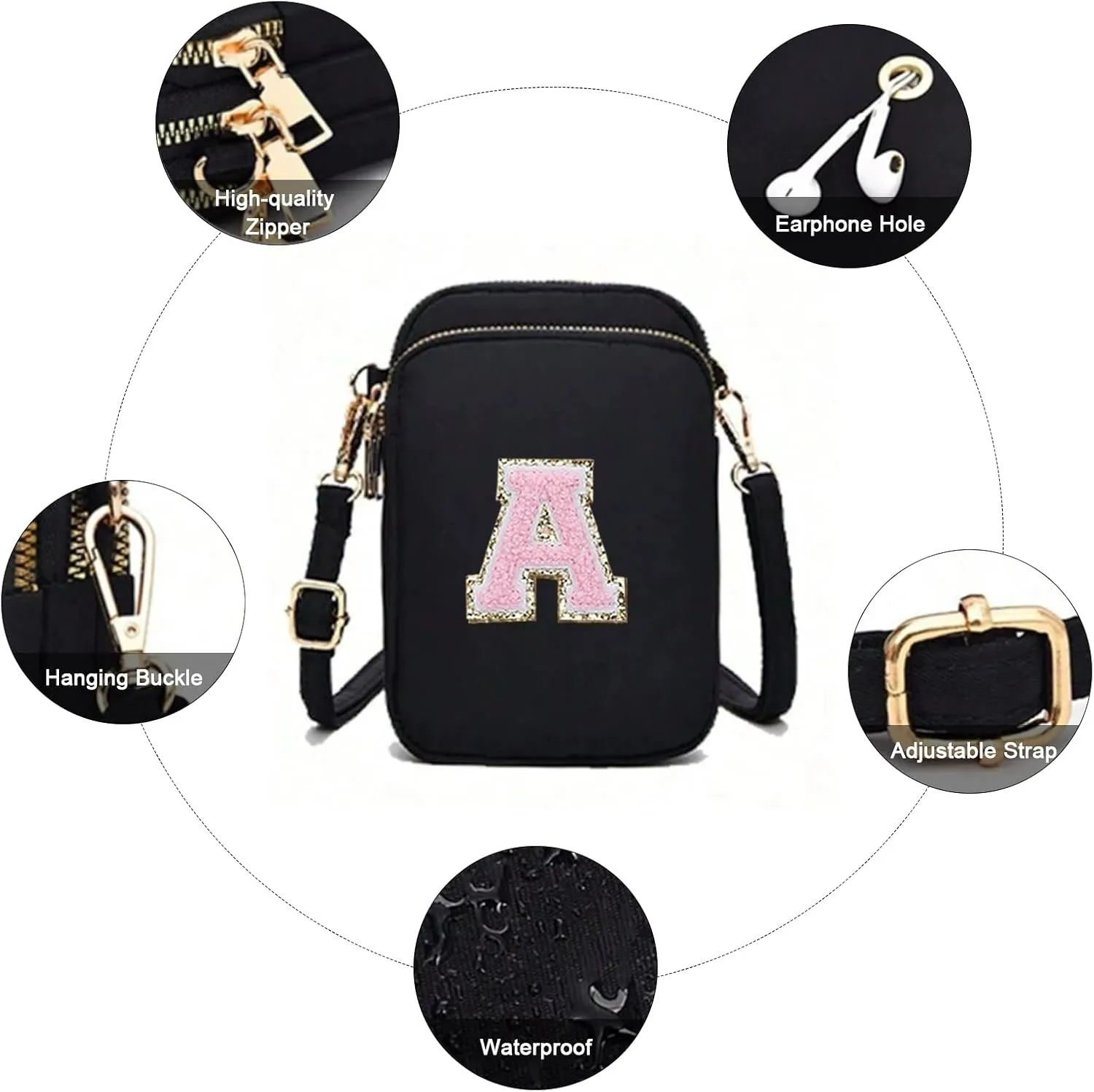 Cell Phone Purses with Crossbody Strap Letter Style, Nylon Small Crossbody Bags for Women Shoulder Bag-Black
