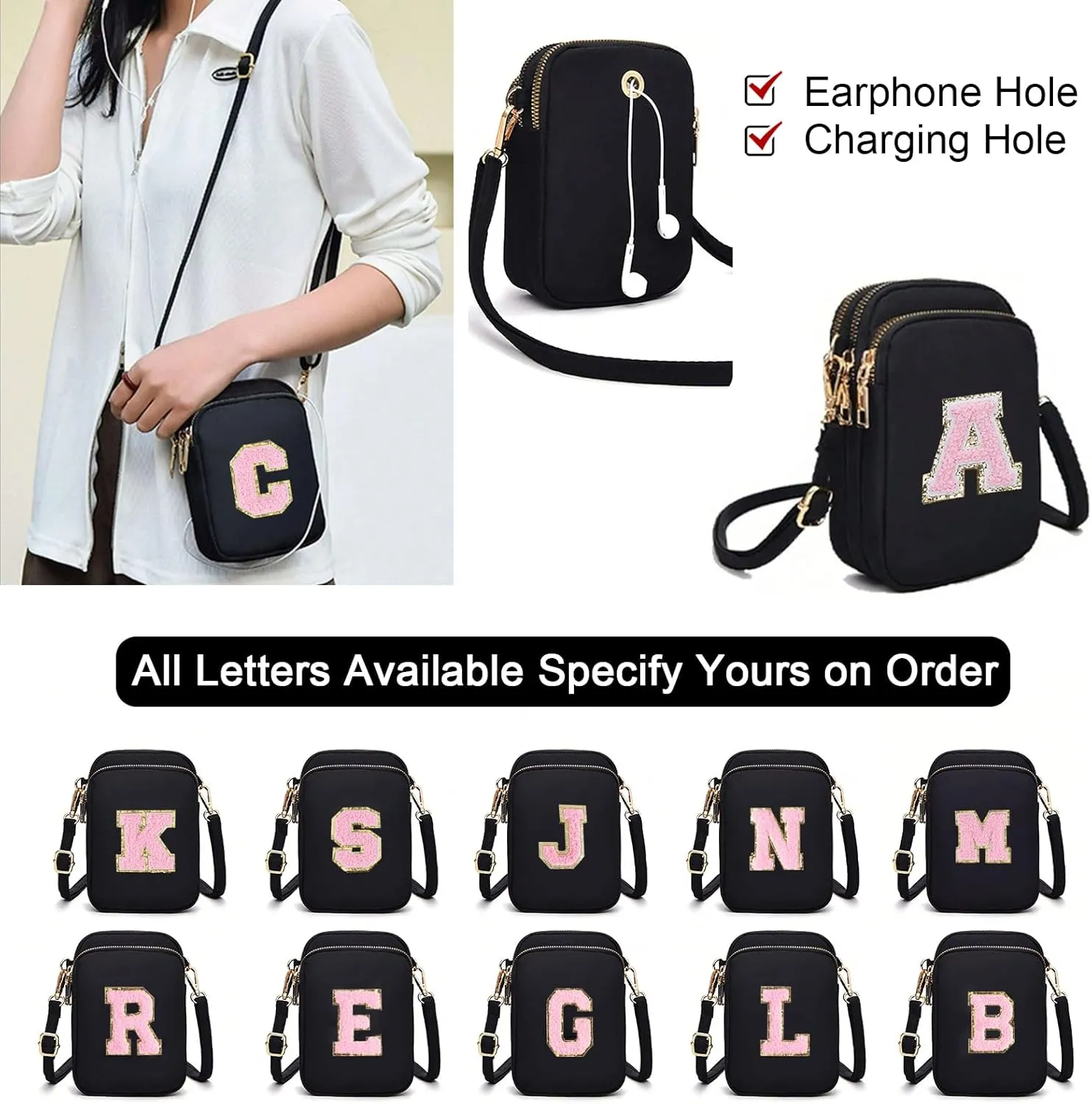 Cell Phone Purses with Crossbody Strap Letter Style, Nylon Small Crossbody Bags for Women Shoulder Bag-Black