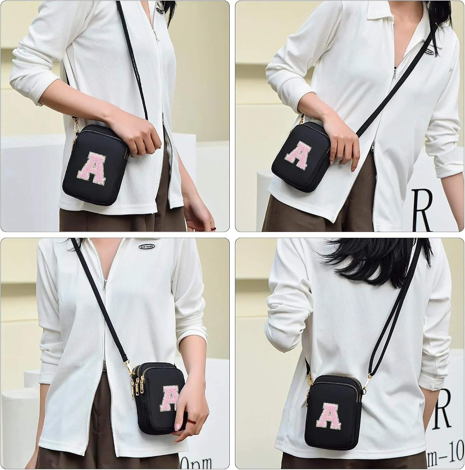 Cell Phone Purses with Crossbody Strap Letter Style, Nylon Small Crossbody Bags for Women Shoulder Bag-Black